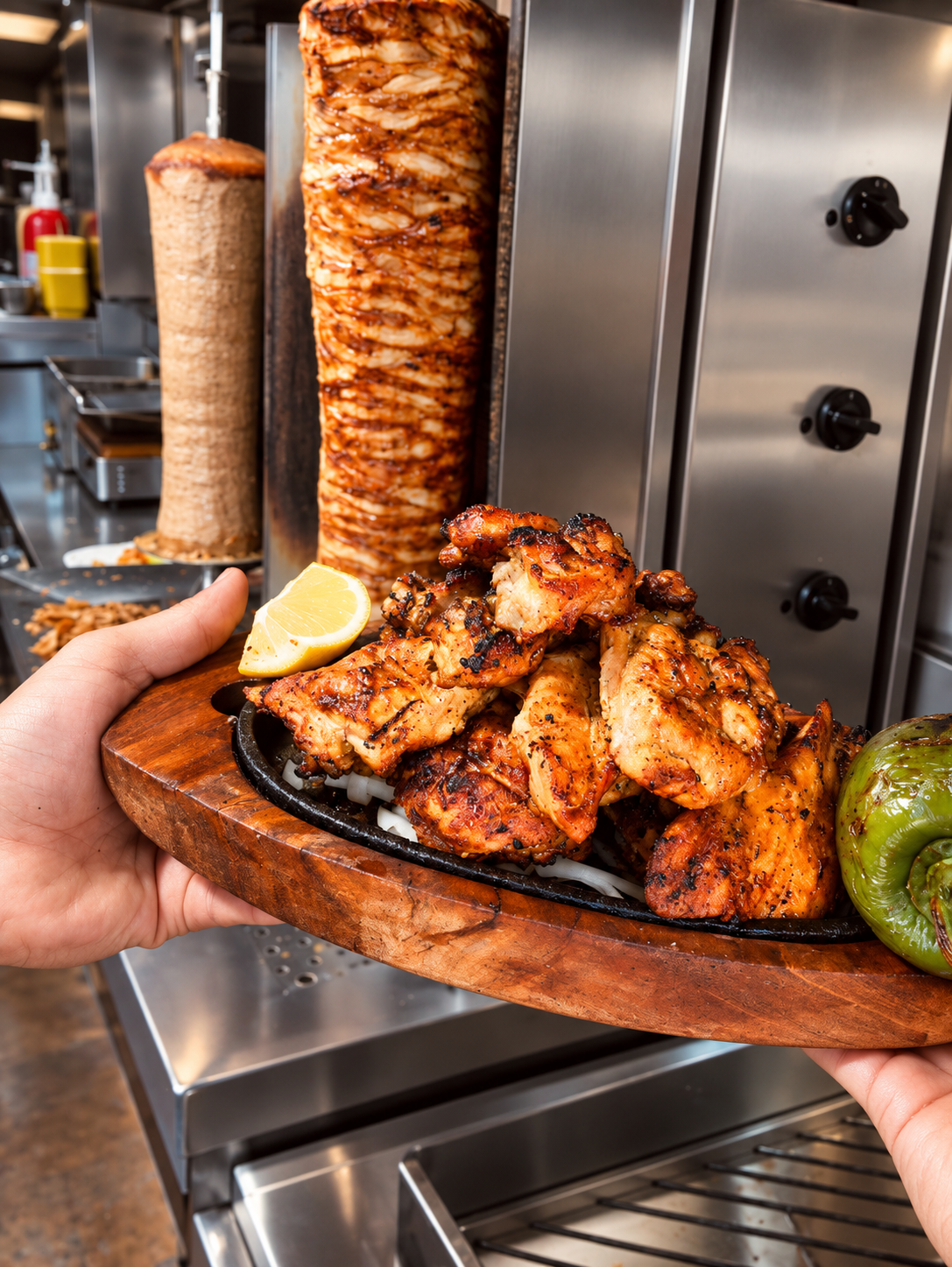 Pollo a la brasa servido en plata de madera, con los verticales de kebab al fondo