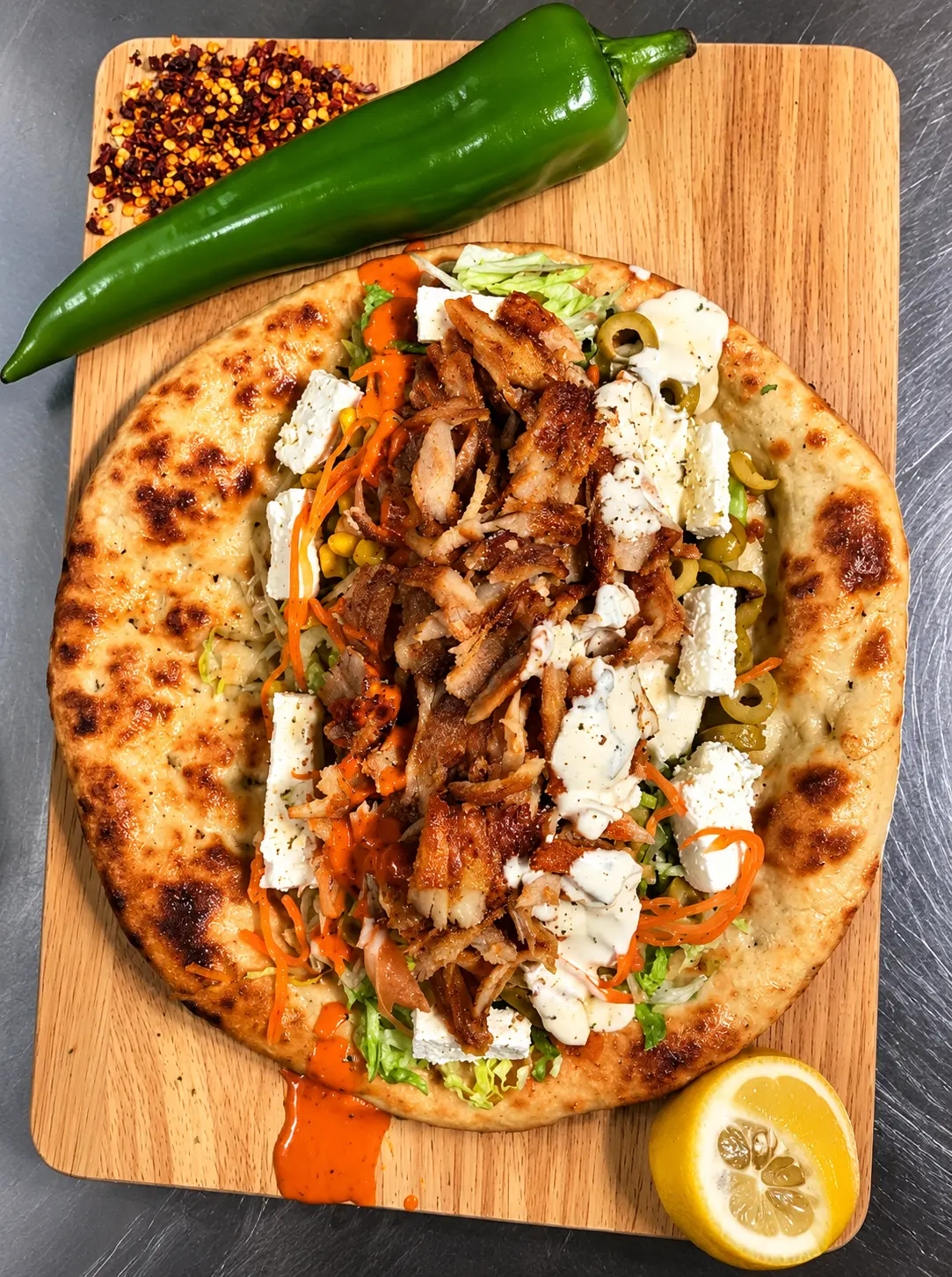 Durum de kebab en pan naan con queso feta y salsas